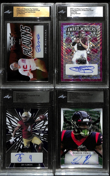 Lot of (4) Leaf Football Pre Production Proof Autograph 1/1s- 2022 Vibrance Joe Montana, 2022 Metal Johnny Manziel, 2022 Valiant Zay Flowers Rookie, 2023 Metal Dameon Pierce  